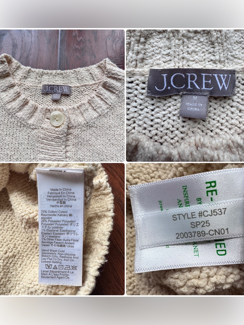 J. Crew Marina Crew Neck Cardigan Sweater Cream Textured Knit Sz M Clean Girl - Picture 5 of 16